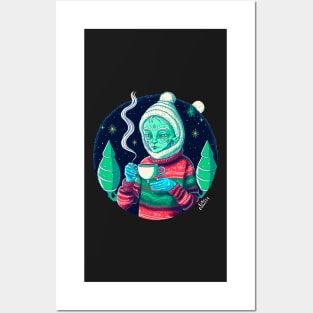 Christmas Funny Alien Drinking Coffee Wearing Sweater Posters and Art